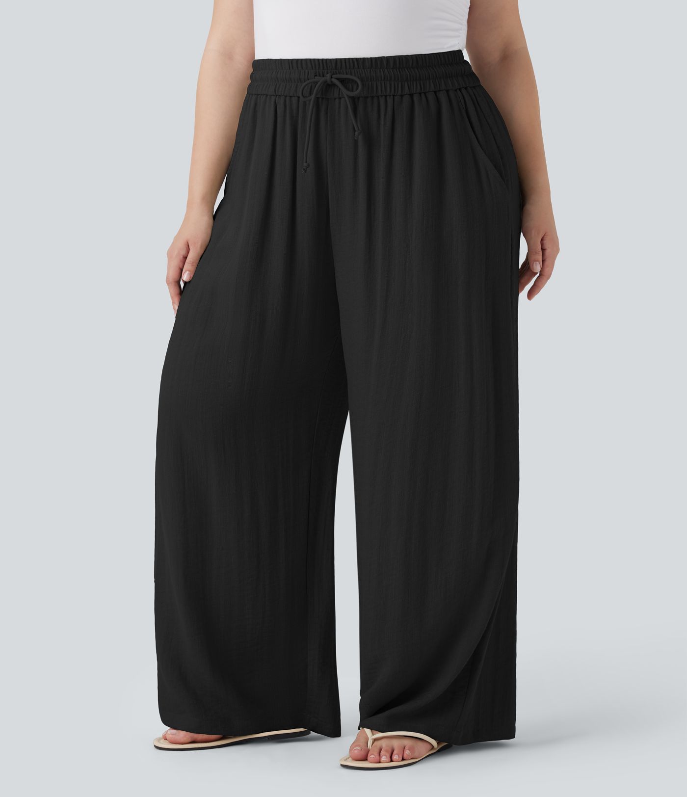 High Waisted Drawstring Linen-Feel Wide Leg Women Baggy Casual Plus Size Pants with Pockets