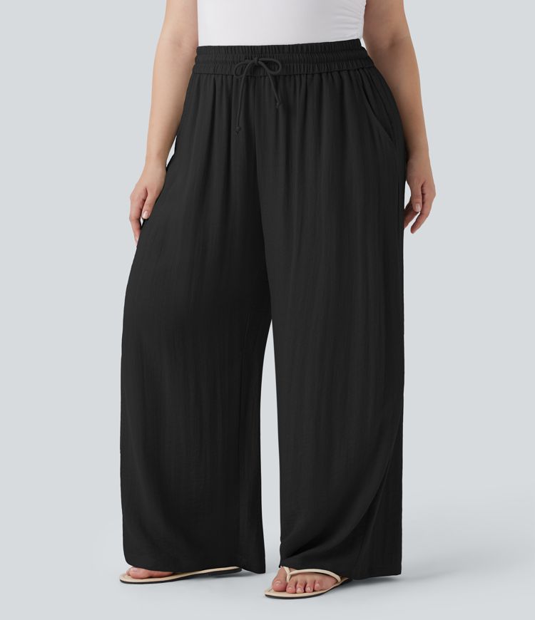 High Waisted Drawstring Linen-Feel Wide Leg Casual Plus Size Pants with Pockets