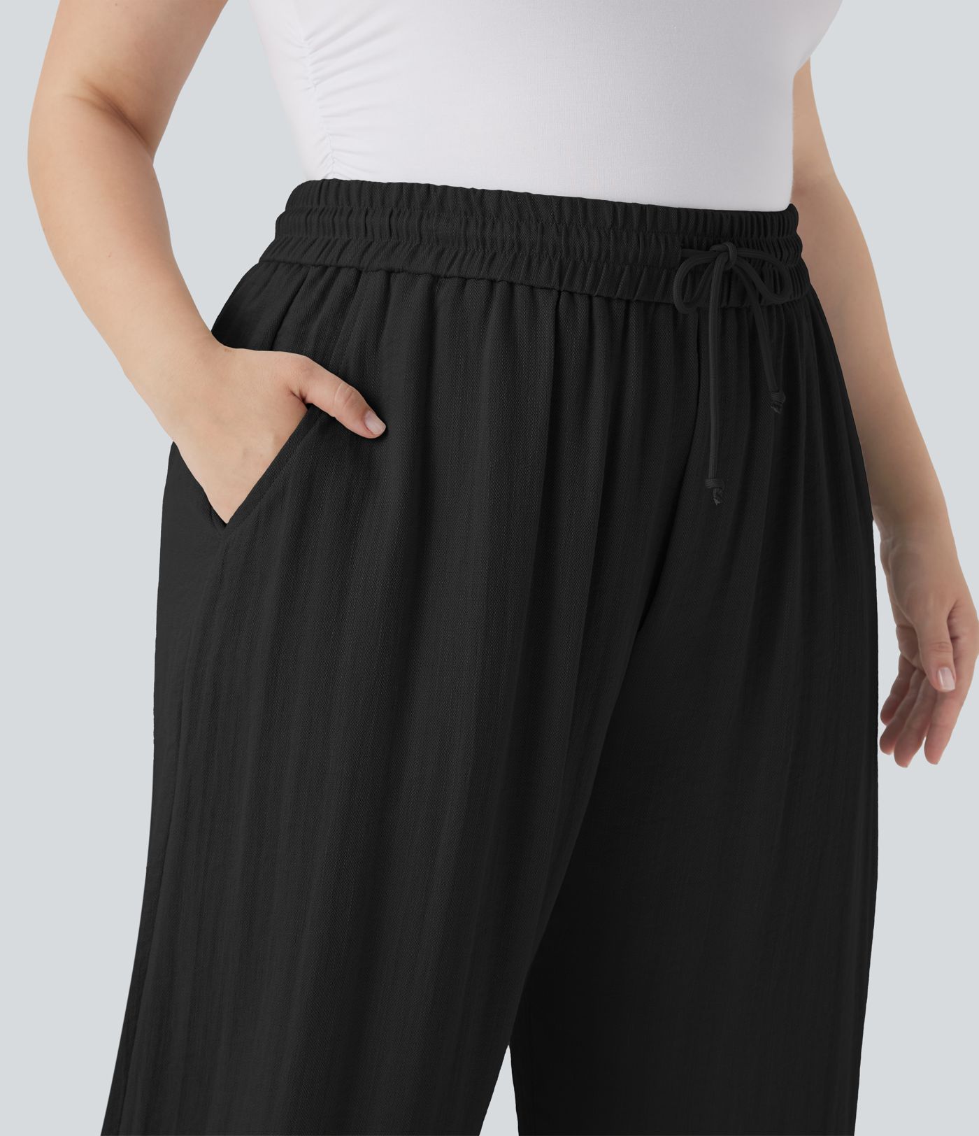 High Waisted Drawstring Linen-Feel Wide Leg Women Baggy Casual Plus Size Pants with Pockets