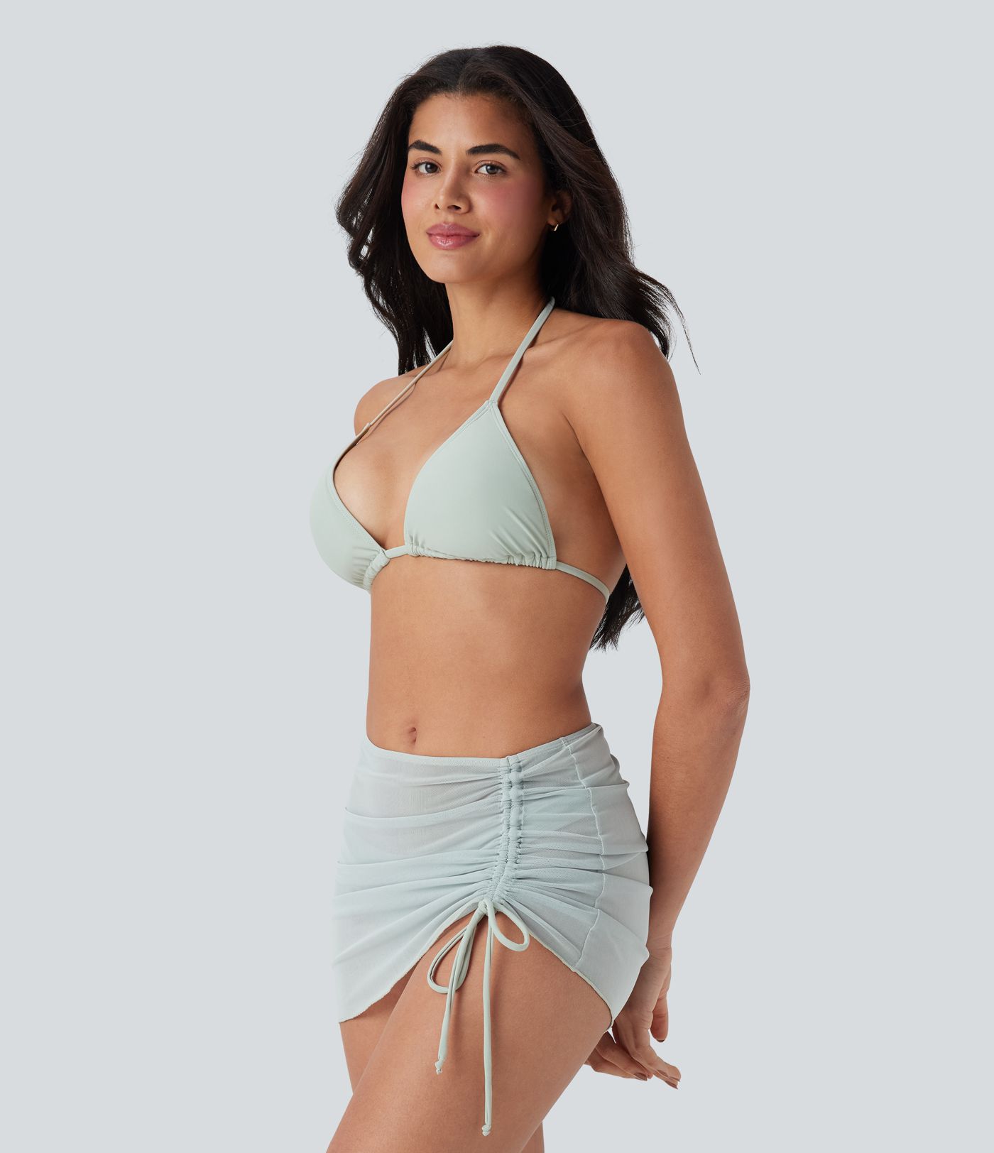 Ensemble bikini 3 pièces résille transparente dos nu licou à nouer avec cordon de serrage