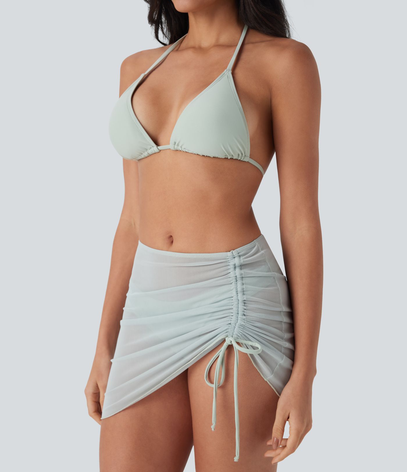 Ensemble bikini 3 pièces résille transparente dos nu licou à nouer avec cordon de serrage