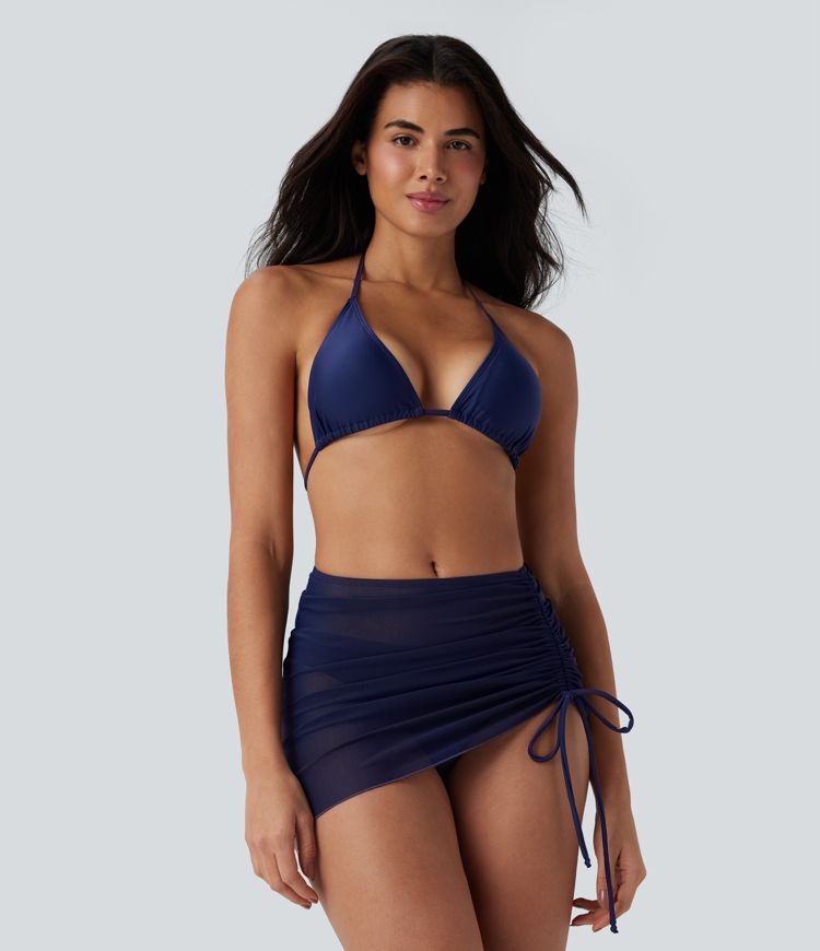 Sheer Mesh Halter Tie Back Drawstring 3-Piece Bikini Set