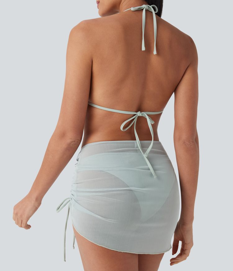 Sheer Mesh Halter Tie Back Drawstring 3-Piece Bikini Set