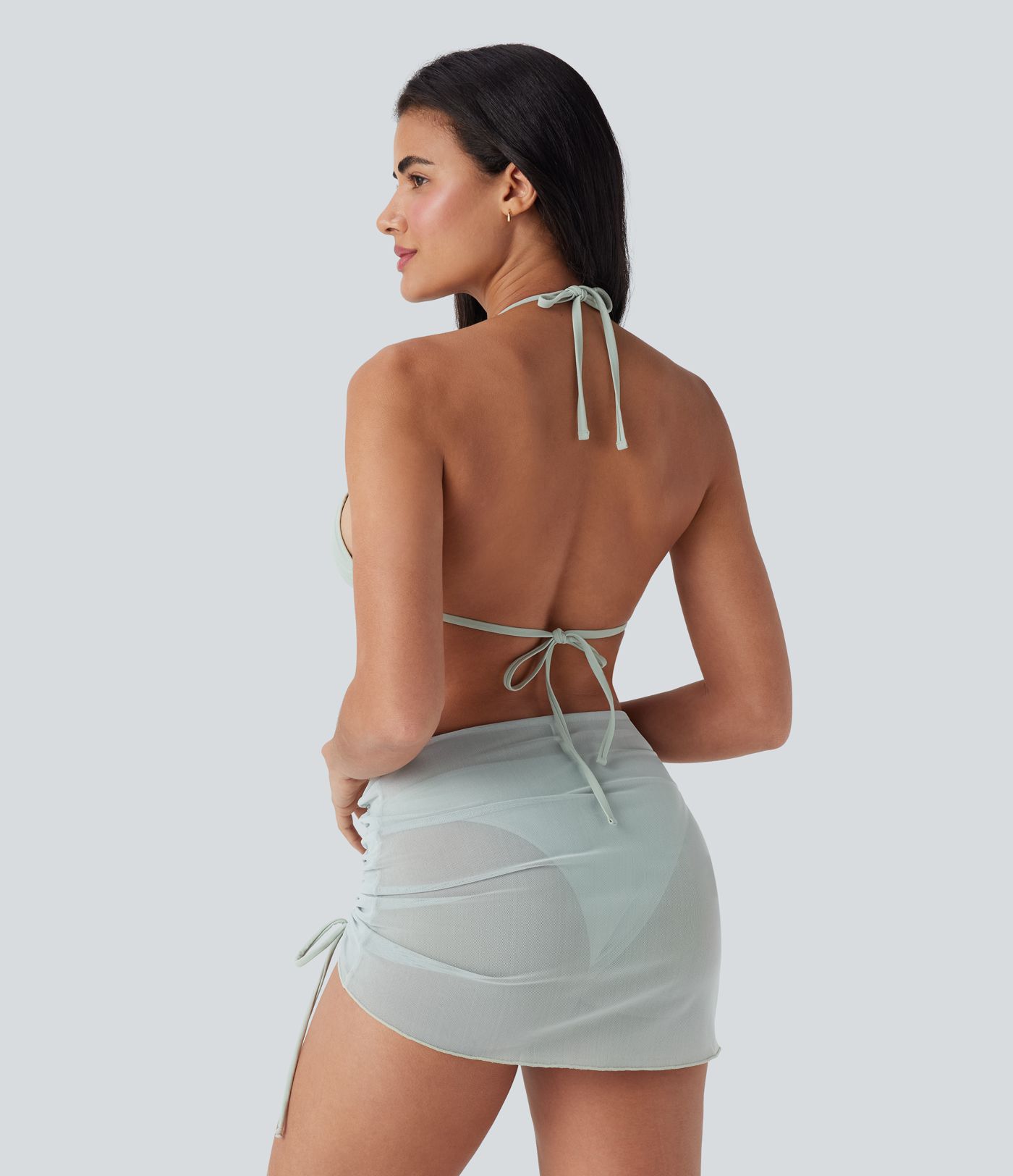 Ensemble bikini 3 pièces résille transparente dos nu licou à nouer avec cordon de serrage