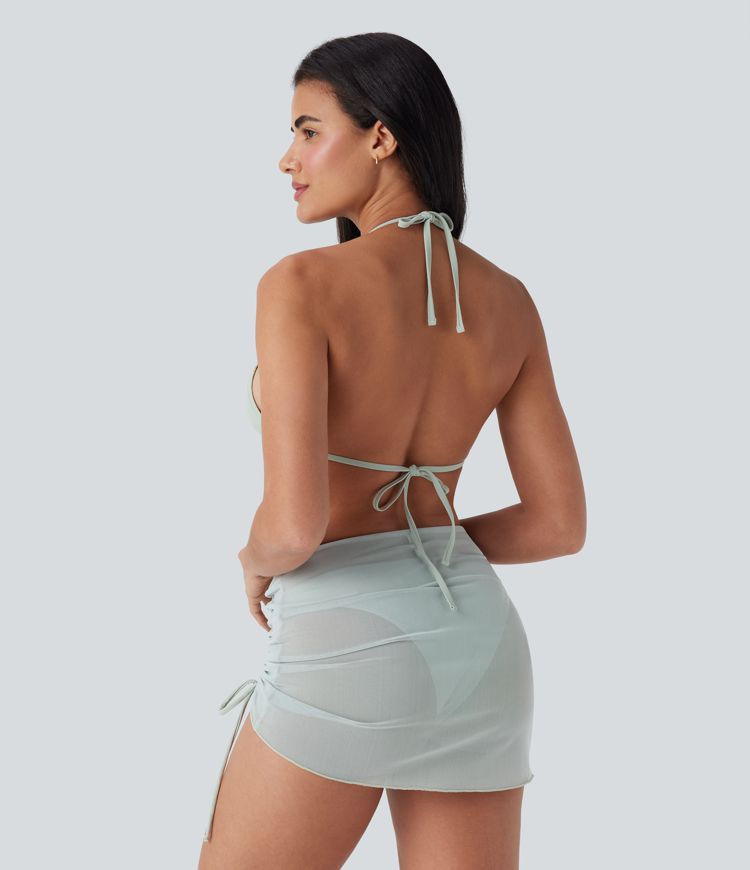Sheer Mesh Halter Tie Back Drawstring 3-Piece Bikini Set
