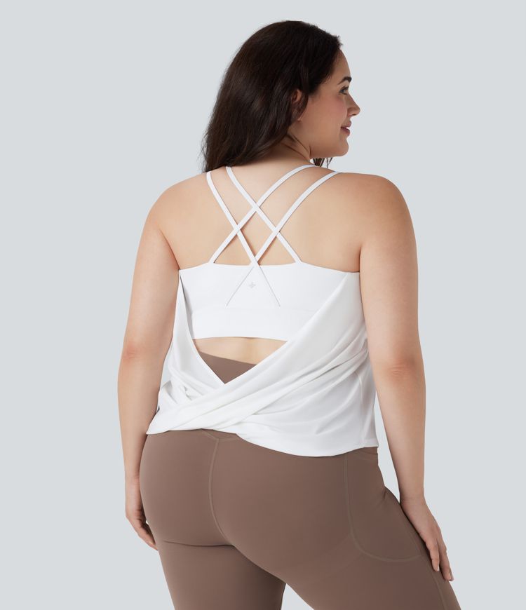 Top de yoga de secado rápido plisado sin espalda y cruzado de talla grande