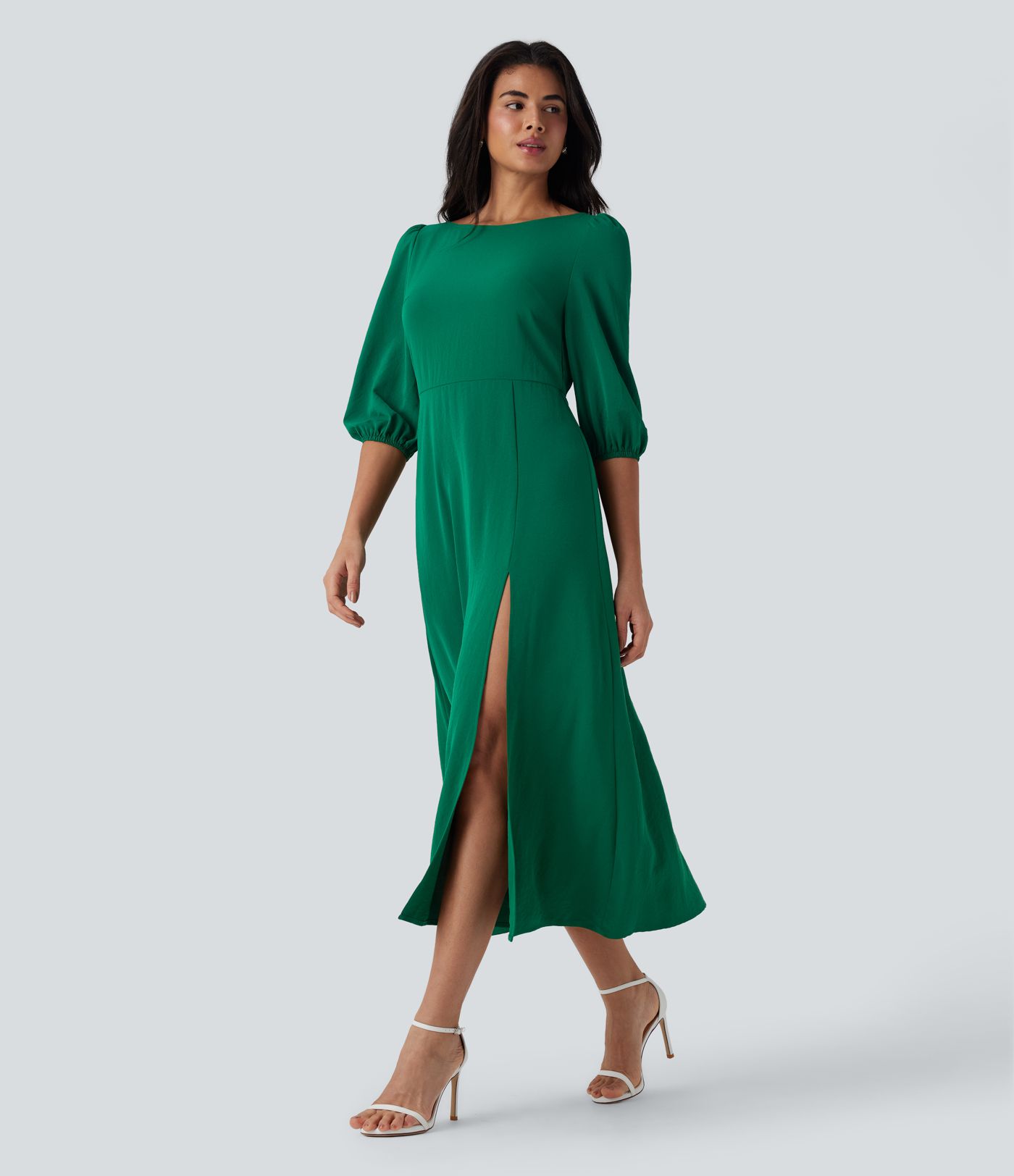 Backless Tie Back Zipper Puff Sleeve Split Bridesmaid and Wedding Guest Dress