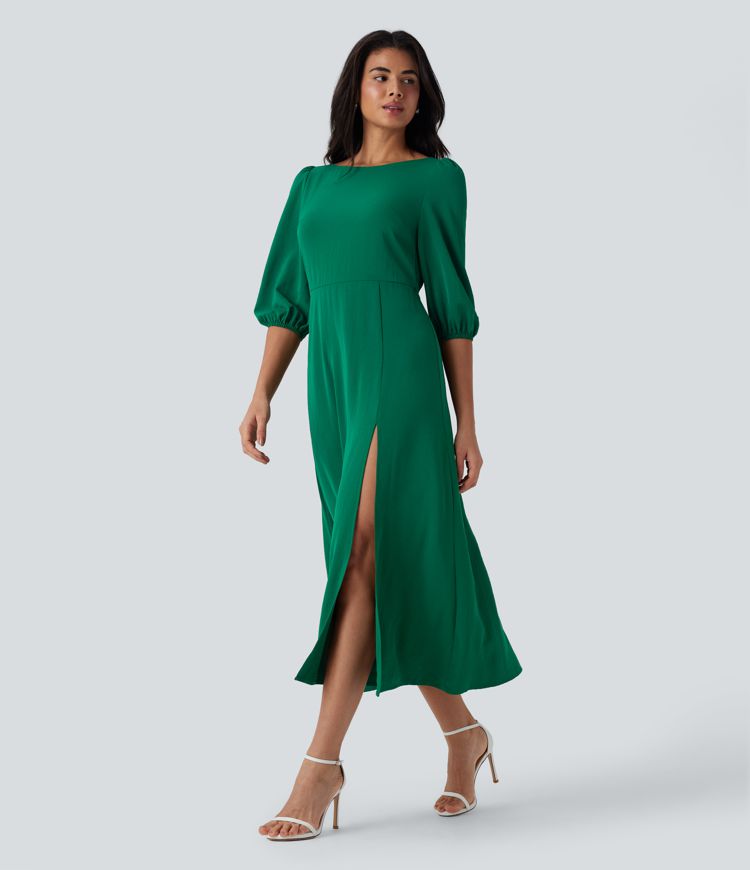 Tie Back Zipper Puff Sleeve Dress