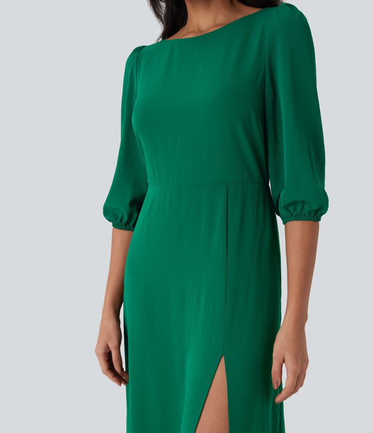 Tie Back Zipper Puff Sleeve Dress