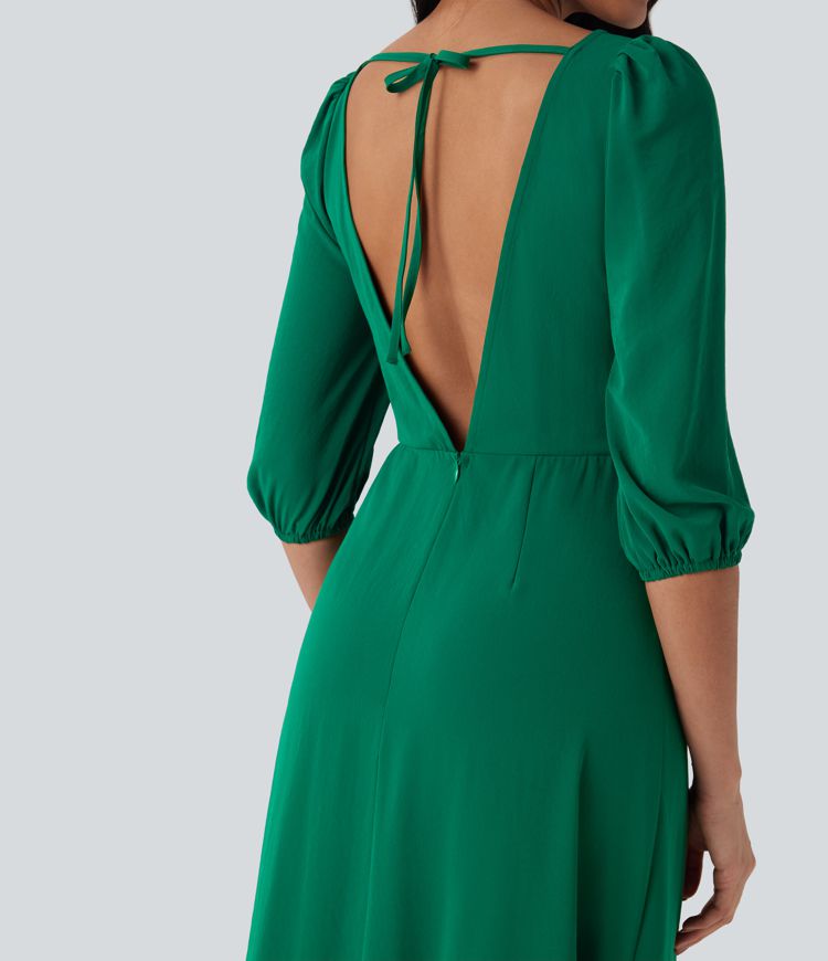 Tie Back Zipper Puff Sleeve Dress