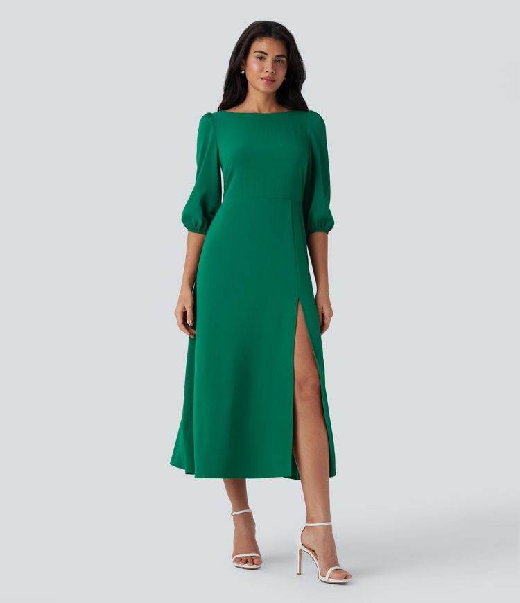 Robe de demoiselle d'honneur et invitée de mariage dos nu manches bouffantes avec fente et fermeture éclair