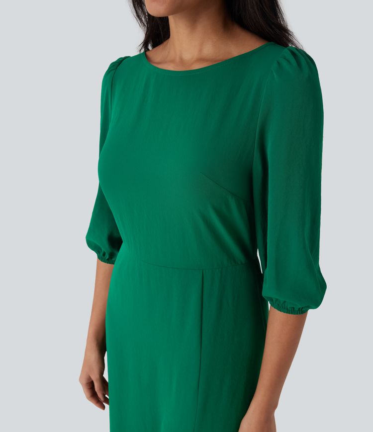 Tie Back Zipper Puff Sleeve Dress