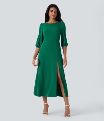 Backless Tie Back Zipper Puff Sleeve Split Bridesmaid and Wedding Guest Dress