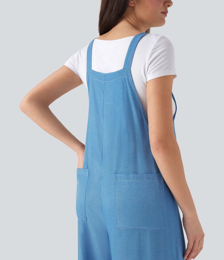 Denim Like Casual Overalls with Pockets-Front and Back Wearable