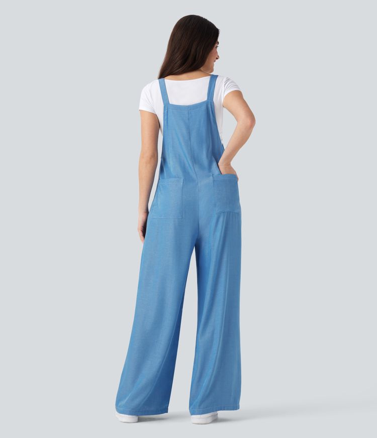 Denim Like Casual Overalls with Pockets-Front and Back Wearable