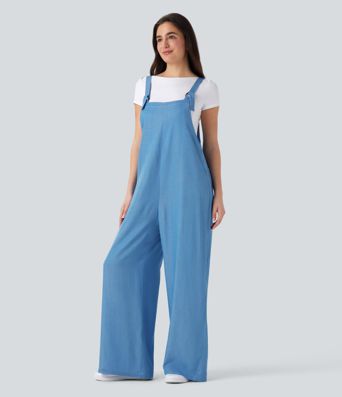 Denim Like Casual Overalls with Pockets-Front and Back Wearable