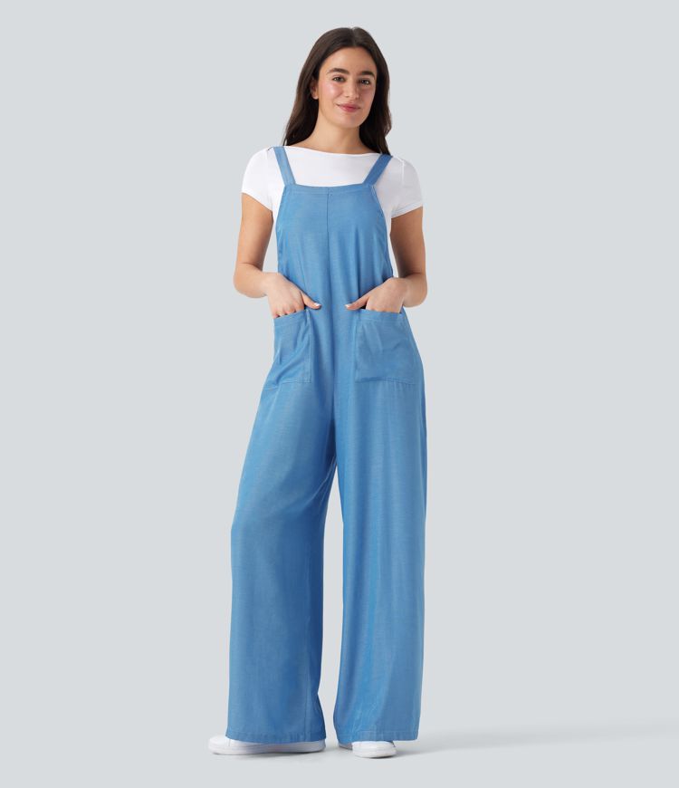 Denim Like Casual Overalls with Pockets-Front and Back Wearable