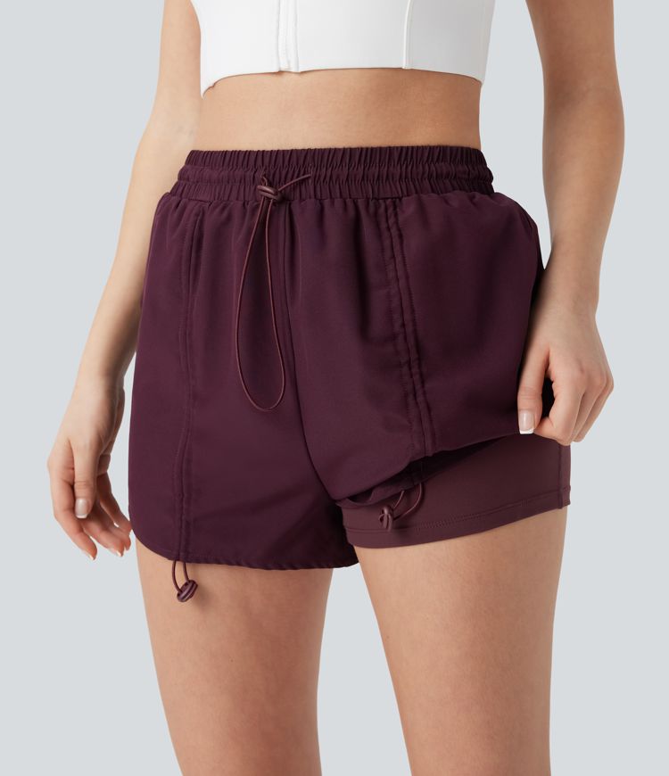 2-in-1 Yogashorts mit hohem Bund, Seitentaschen und Kordelzug
