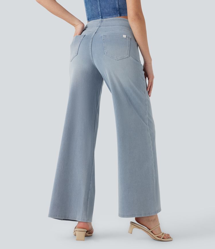 HalaraMagic™ High Waisted Multiple Pockets Wide Leg Washed Stretchy Knit Casual Jeans