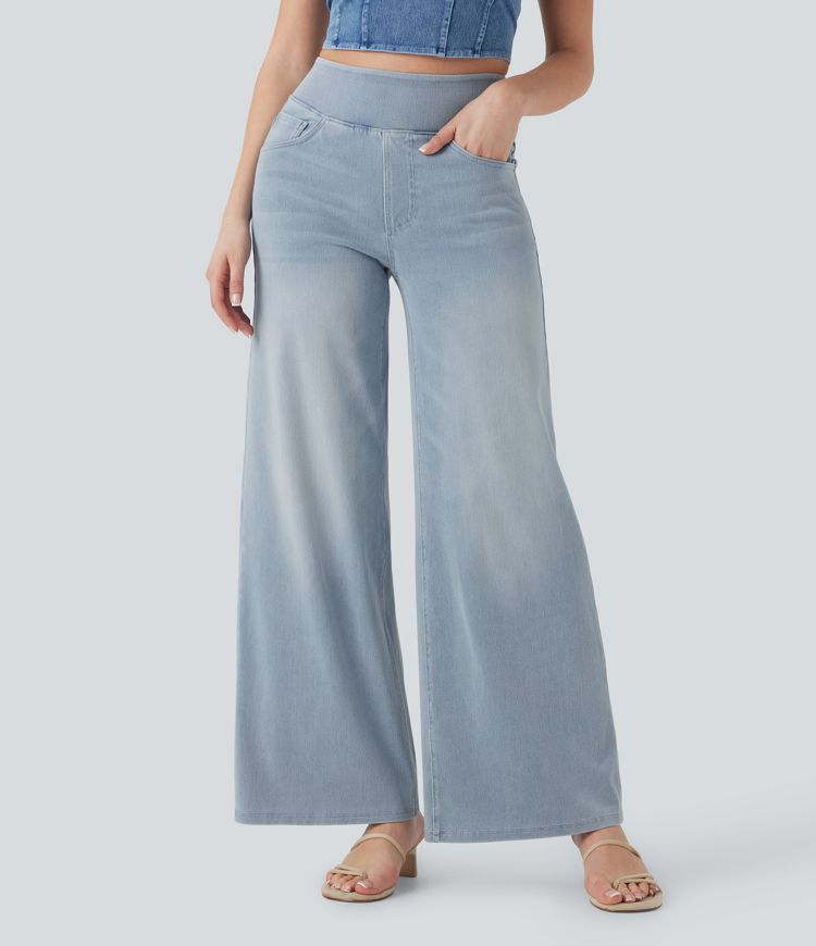 HalaraMagic™ High Waisted Multiple Pockets Wide Leg Washed Stretchy Knit Casual Jeans