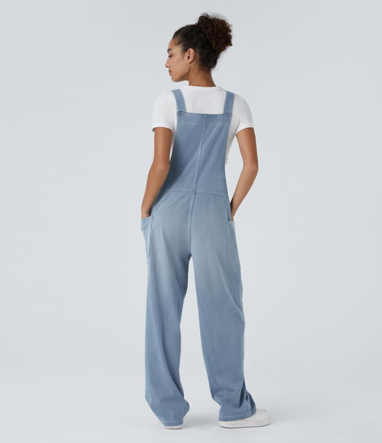 Salopette décontractée Halara Flex™ en denim extensible délavé, col V et poches latérales