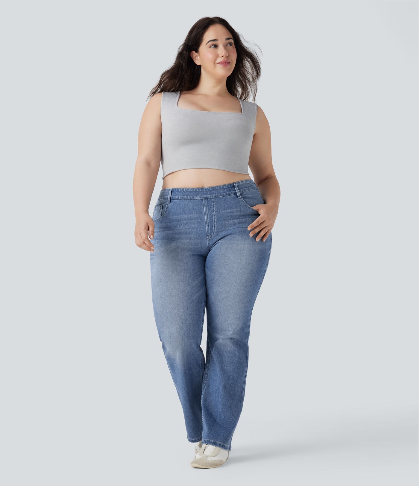 Halara Flex™ - Lässige, gewaschene Bootcut-Jeans mit hohem Bund und mehreren Taschen - Plus-Size