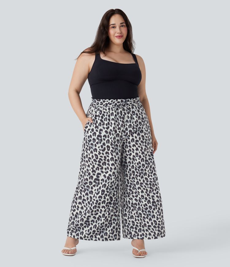 Plus Size High Waisted Drawstring Leopard Print Wide Leg Casual Pants with Pockets