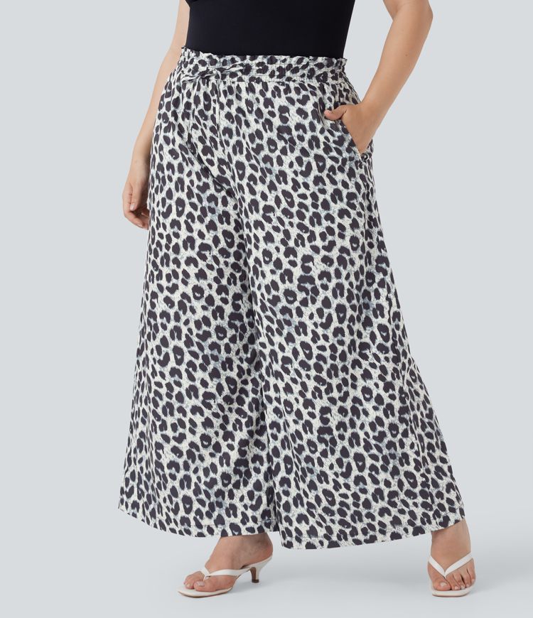 Plus Size High Waisted Drawstring Leopard Print Wide Leg Casual Pants with Pockets