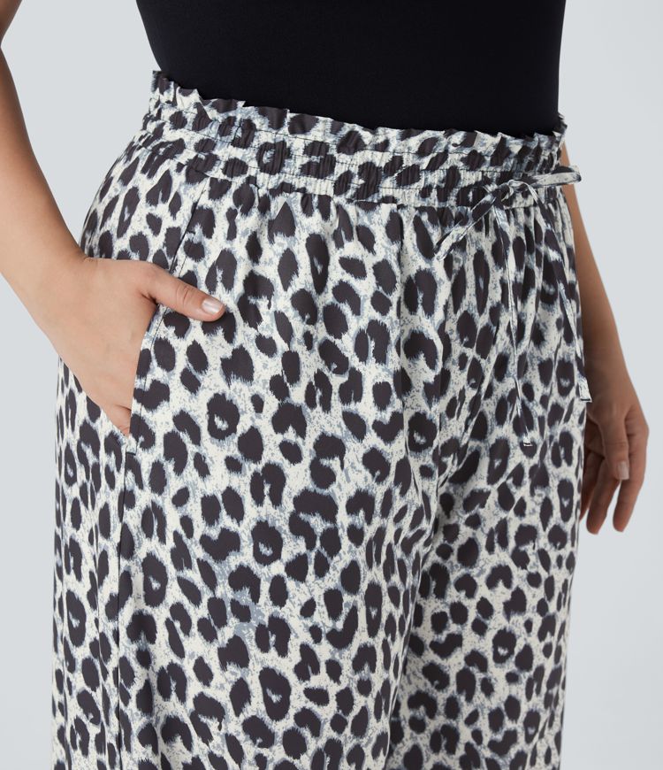 Plus Size High Waisted Drawstring Leopard Print Wide Leg Casual Pants with Pockets