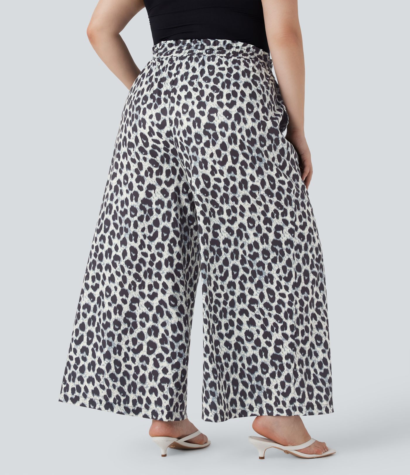 Pantalón pierna ancha estampado leopardo tiro alto cordón ajustable talla grande bolsillo lateral