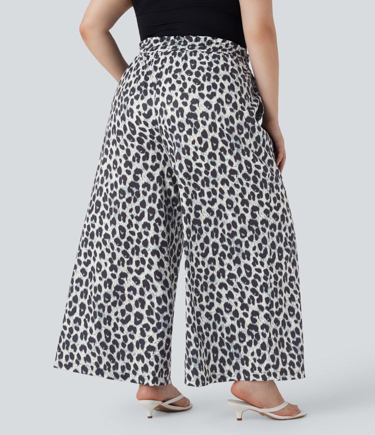 Plus Size High Waisted Drawstring Leopard Print Wide Leg Casual Pants with Pockets