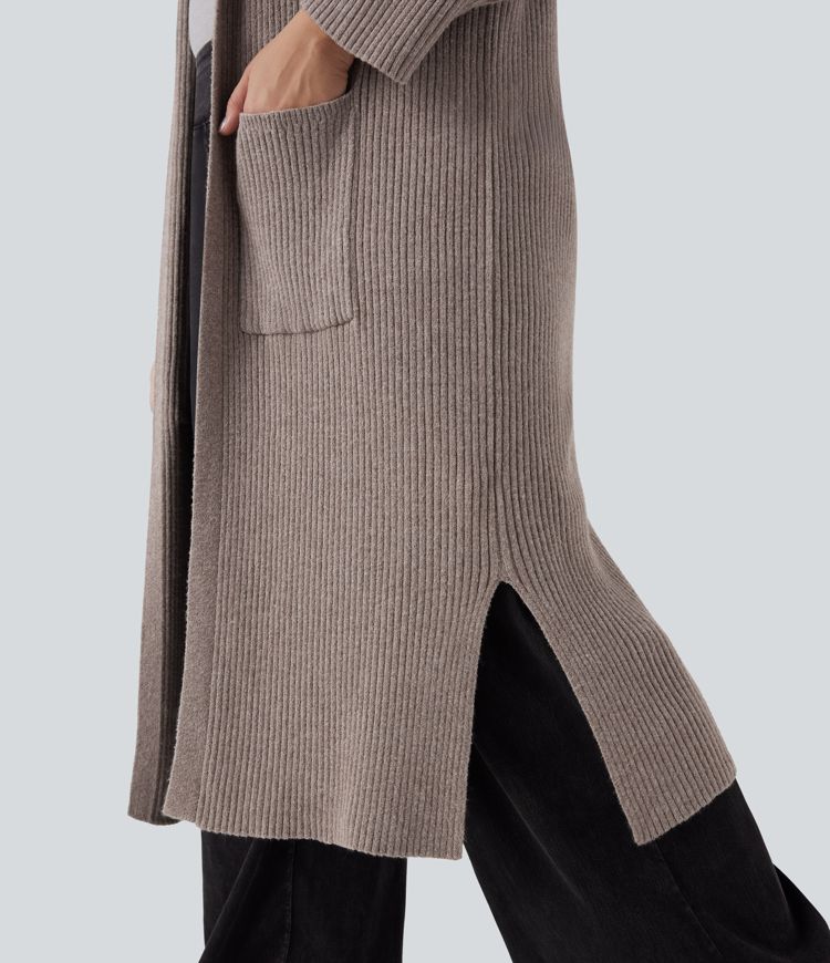 Cárdigan casual de talla grande con capucha de manga larga con bolsillo lateral dividido