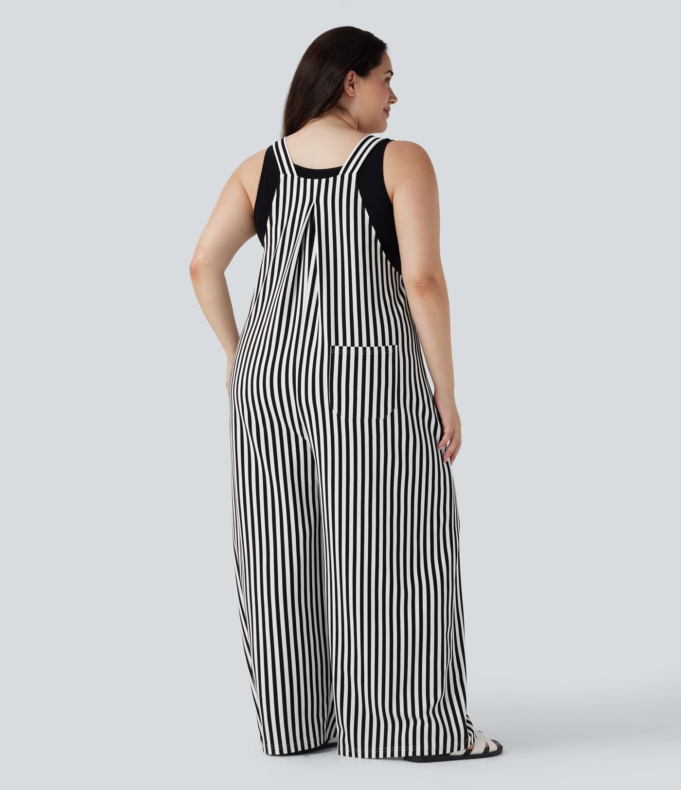 Plus Size Adjustable Strap Button Stripe Waffle Resort Overalls with Multiple Pockets