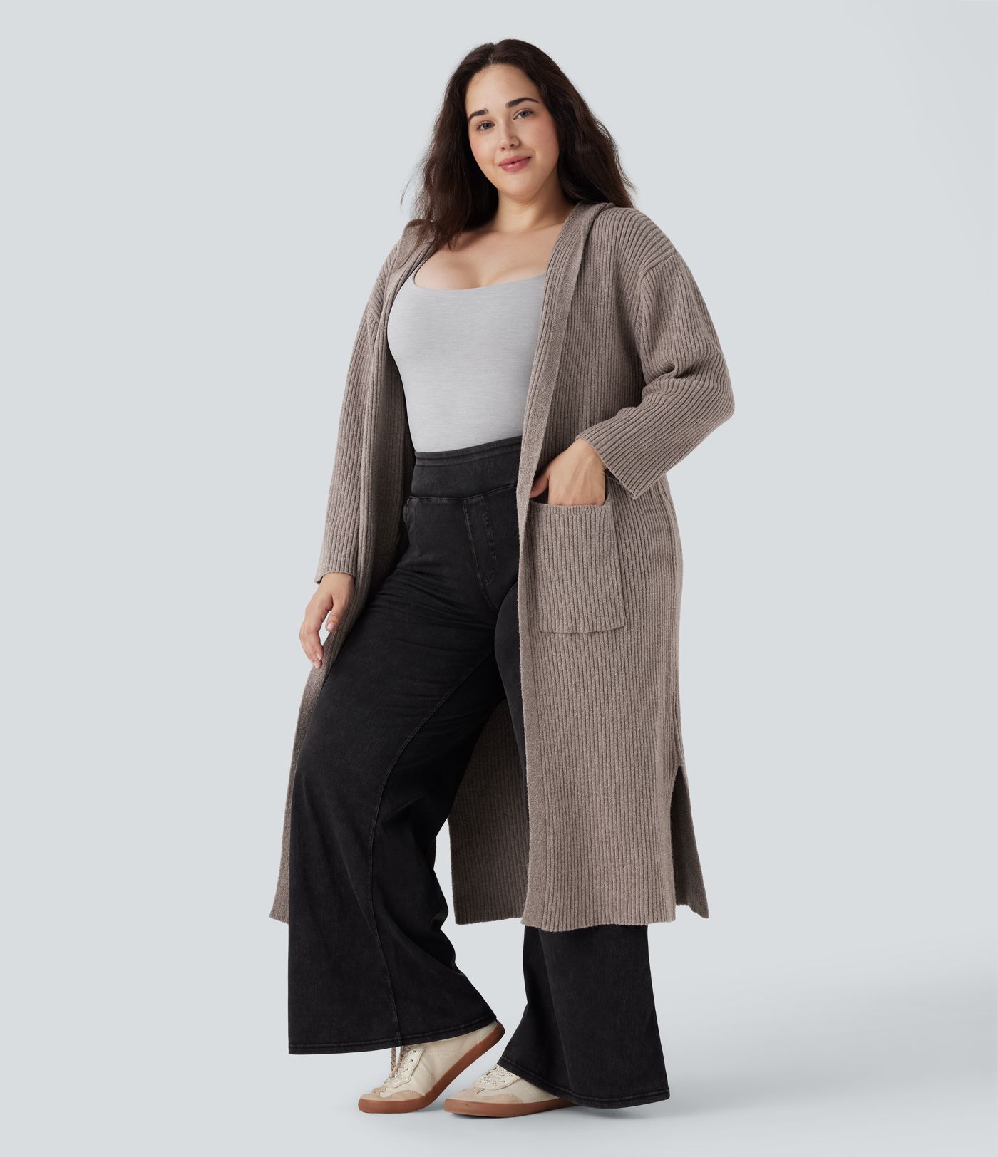 Hooded Long Sleeve Pocket Longline Casual Plus Size Cardigan