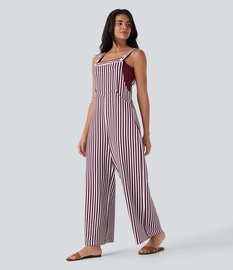 Pockets Stripe Waffle Overalls