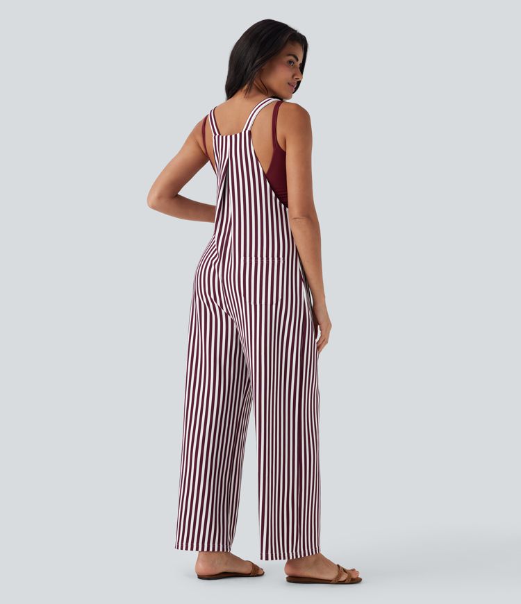 Pockets Stripe Waffle Overalls