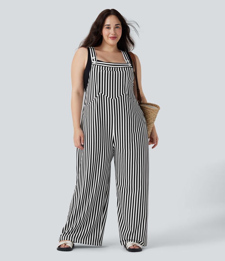 Overol resort talla grande botón raya tira ajustable múltiple bolsillo