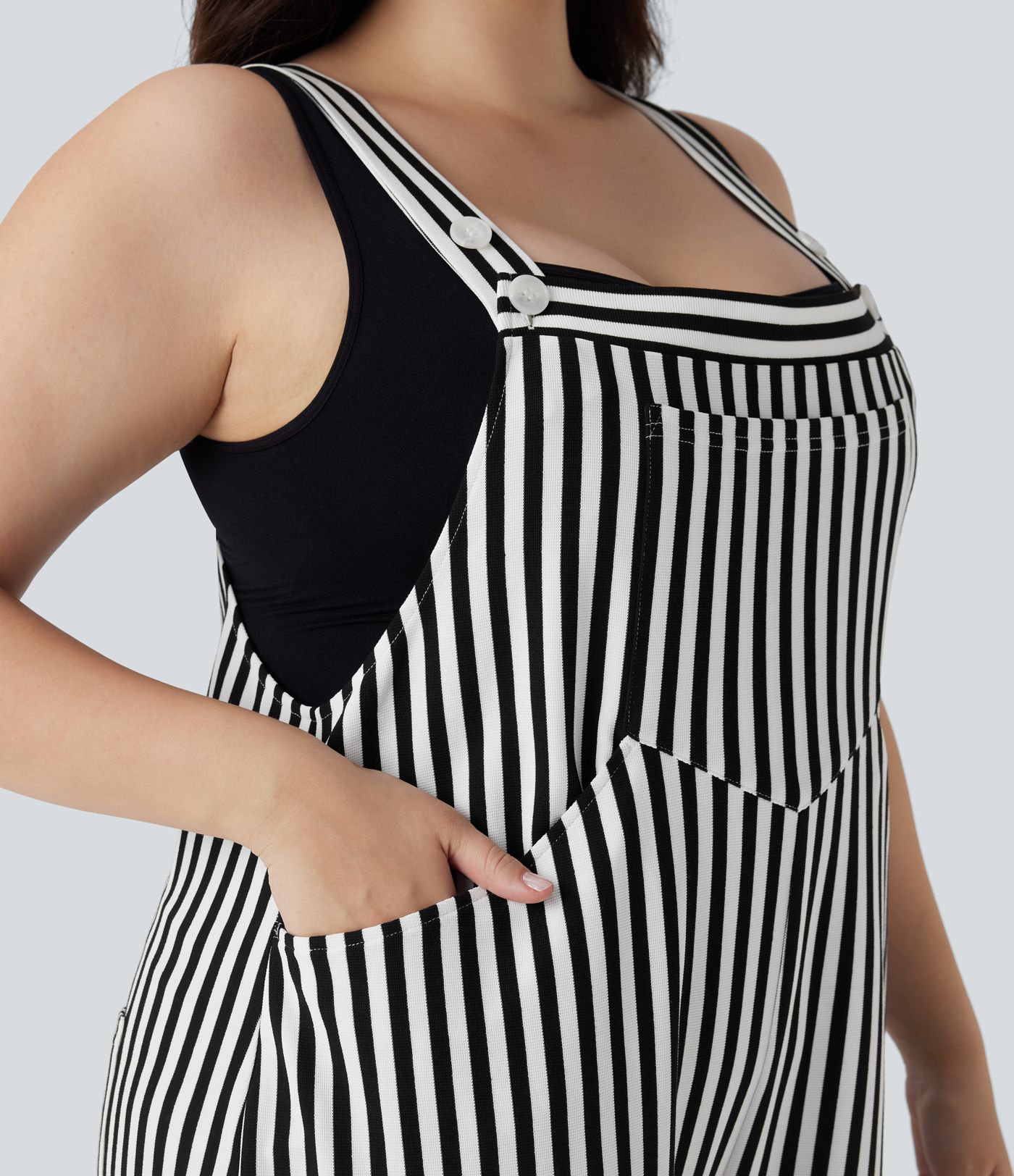 Plus Size Adjustable Strap Button Stripe Waffle Resort Overalls with Multiple Pockets