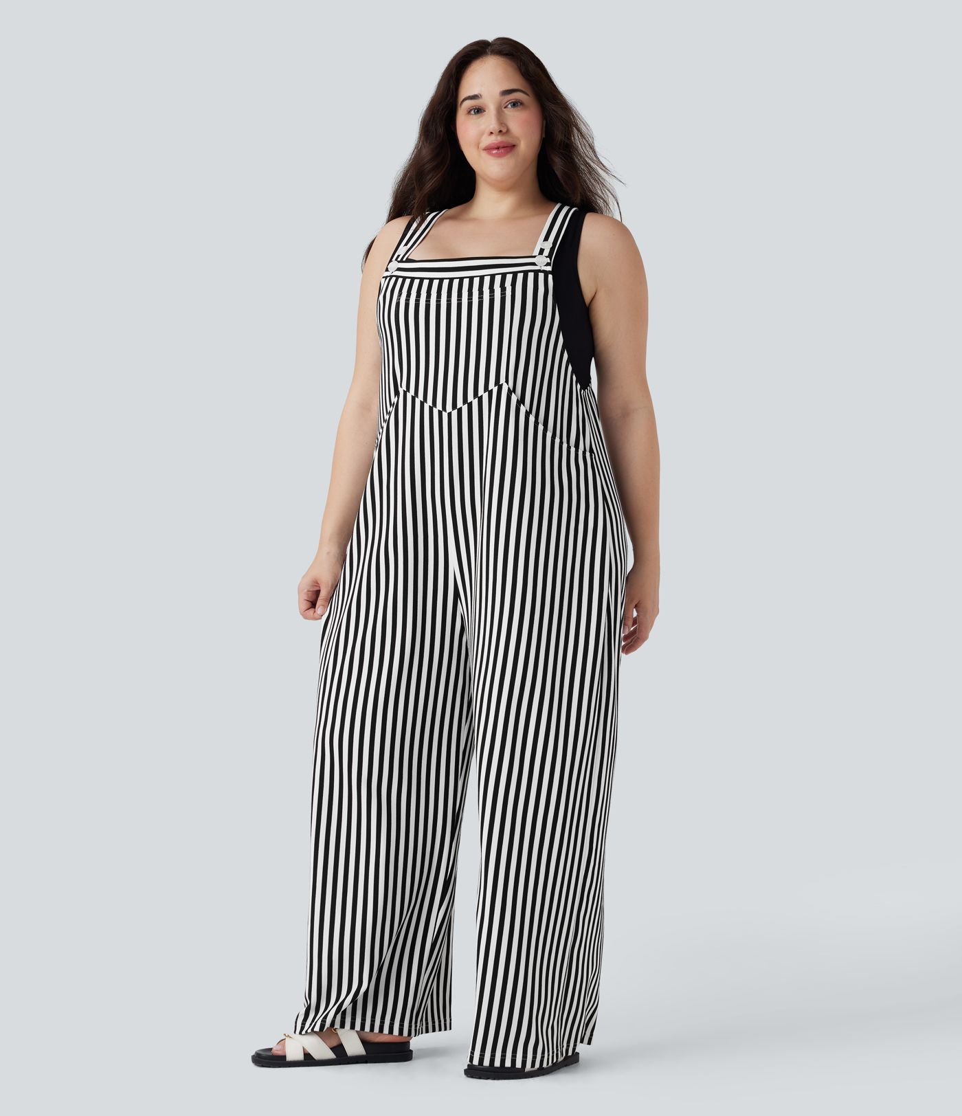 Plus Size Adjustable Strap Button Stripe Waffle Resort Overalls with Multiple Pockets