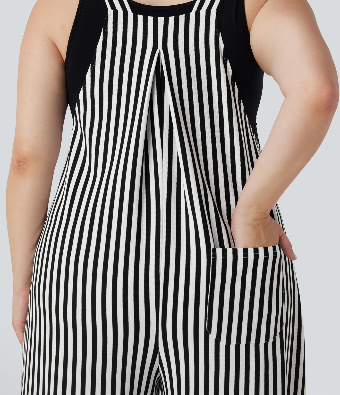 Plus Size Adjustable Strap Button Stripe Waffle Resort Overalls with Multiple Pockets