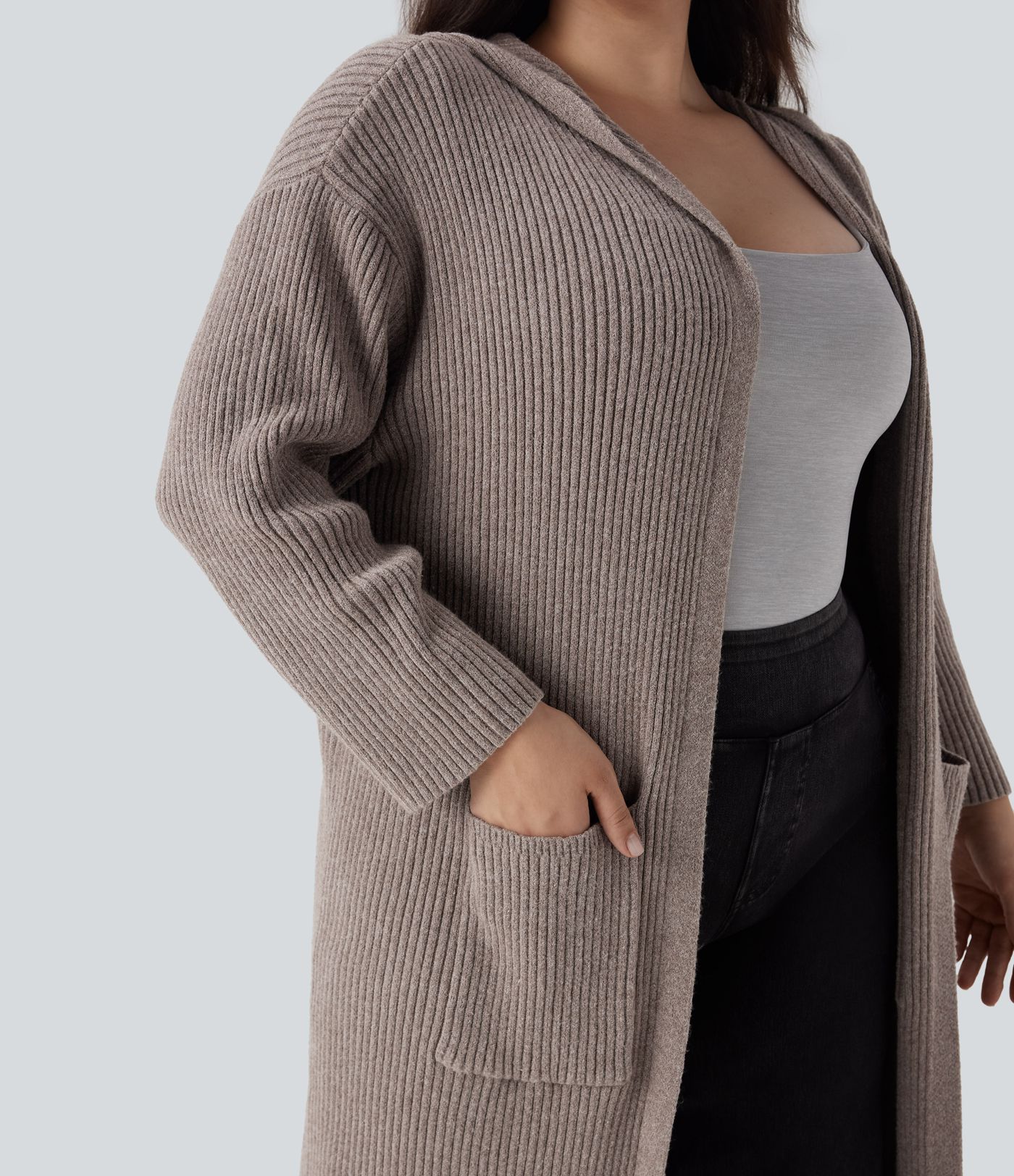 Hooded Long Sleeve Pocket Longline Casual Plus Size Cardigan