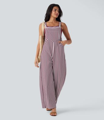 Pockets Stripe Waffle Overalls