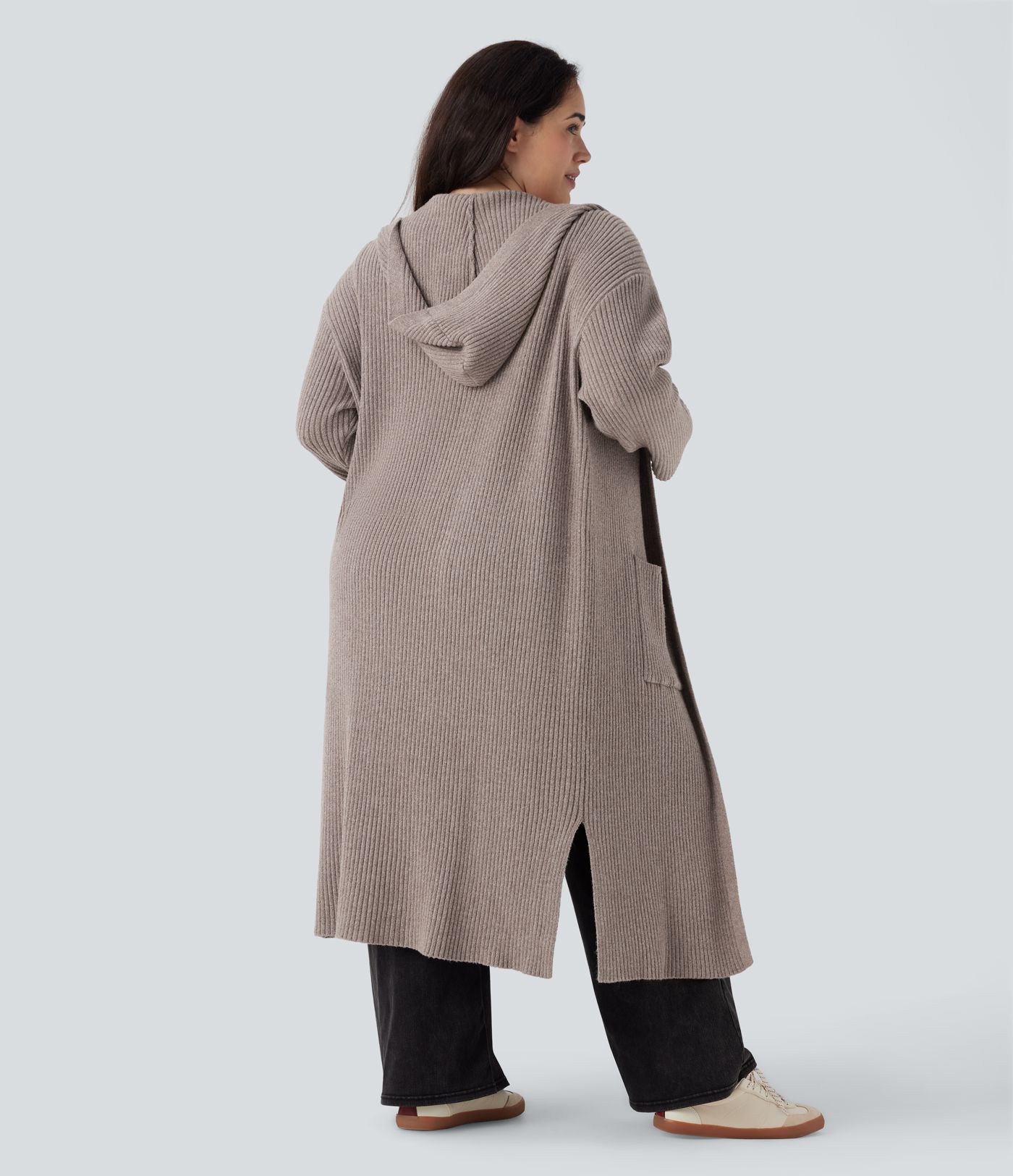 Hooded Long Sleeve Pocket Longline Casual Plus Size Cardigan