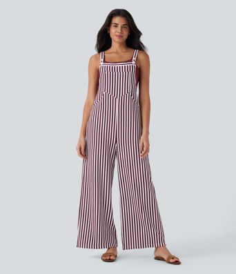 Pockets Stripe Waffle Overalls