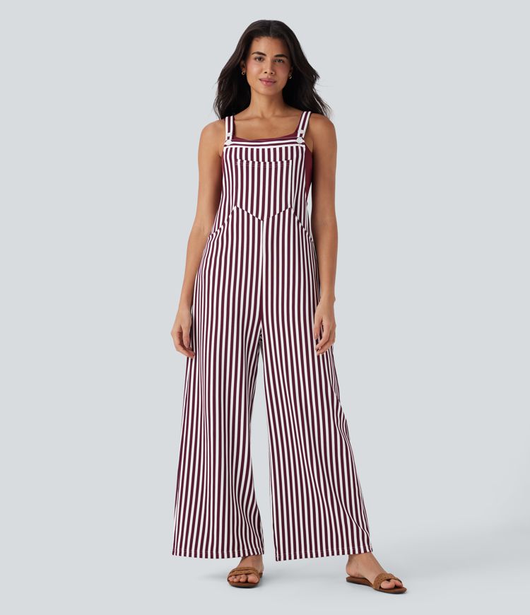 Pockets Stripe Waffle Overalls