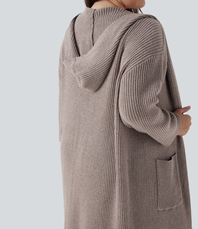 Cárdigan casual de talla grande con capucha de manga larga con bolsillo lateral dividido