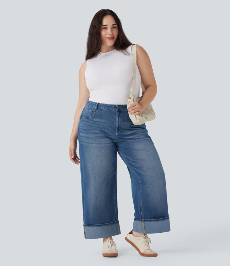 Jean casual grande taille Halara Flex™ tricot extensible délavé taille haute jambe large ourlet roulotté avec poches