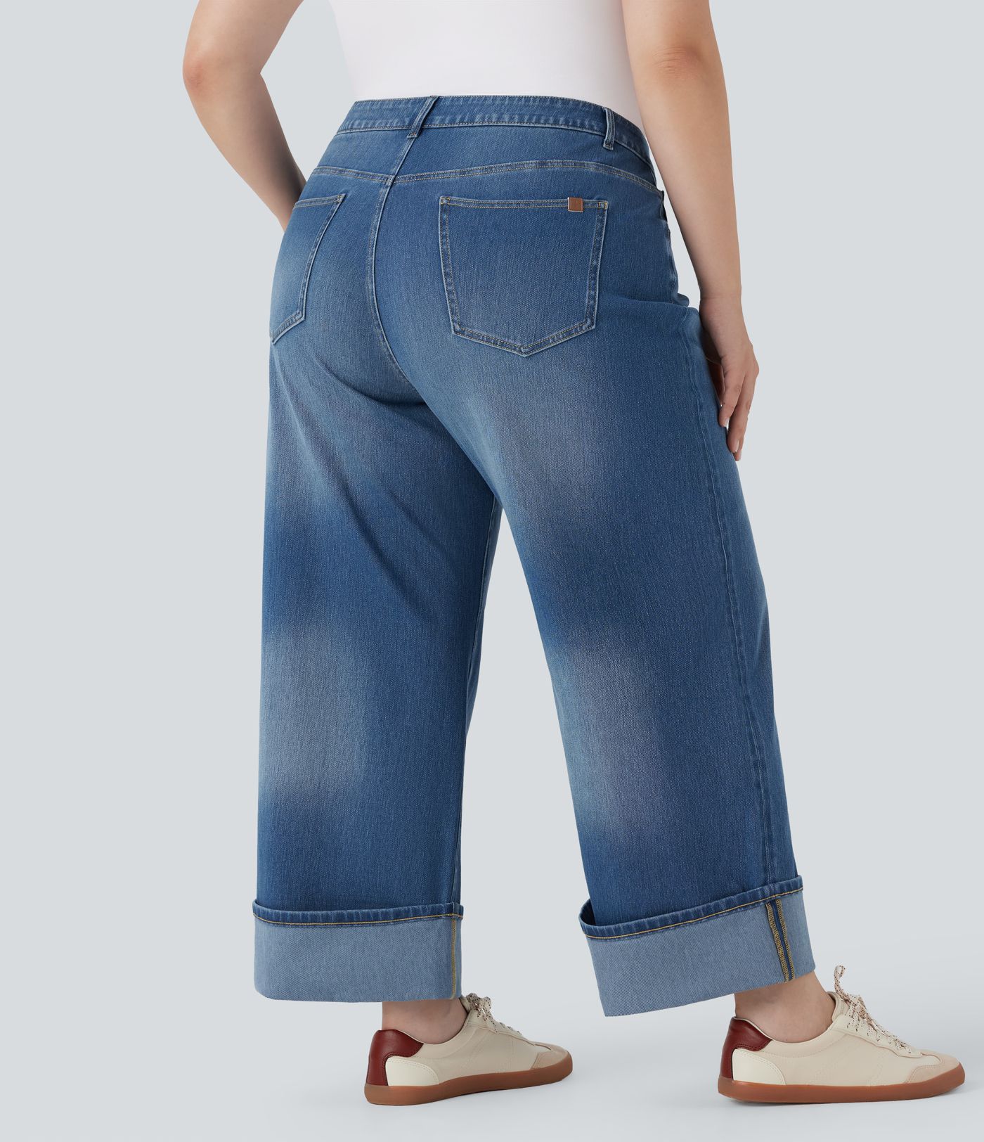 Jeans Halara Flex™ Denim elástico talla grande lavado tiro alto pierna ancha dobladillo enrollado bolsillo