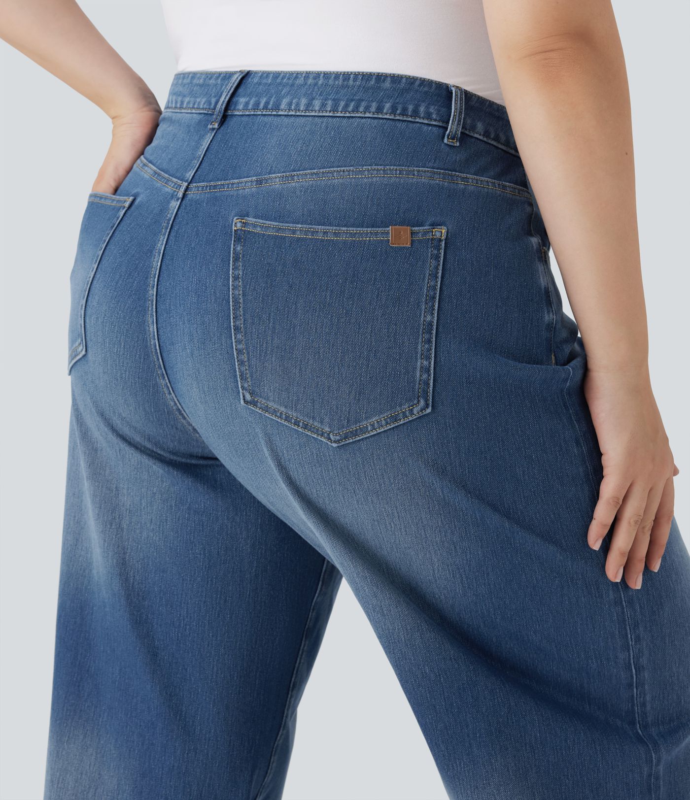 Jeans Halara Flex™ Denim elástico talla grande lavado tiro alto pierna ancha dobladillo enrollado bolsillo