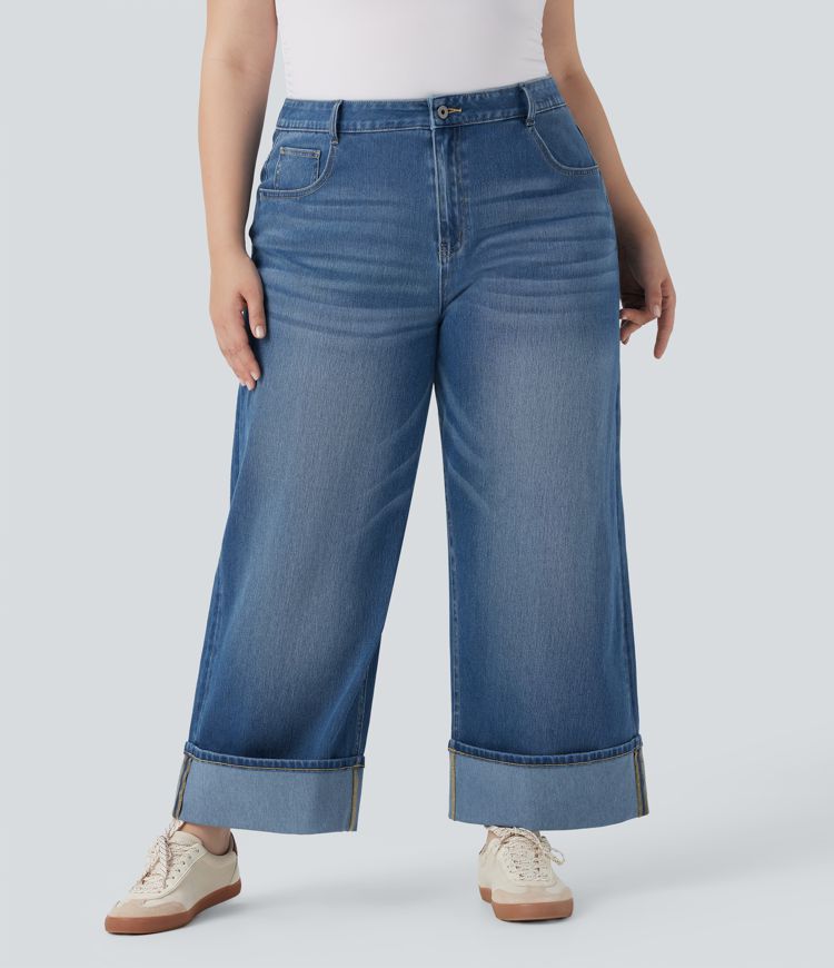 Plus Size Halara Flex™ High Waisted Wide Leg Rolled Hem Washed Stretchy Knit Casual Jeans with Pockets